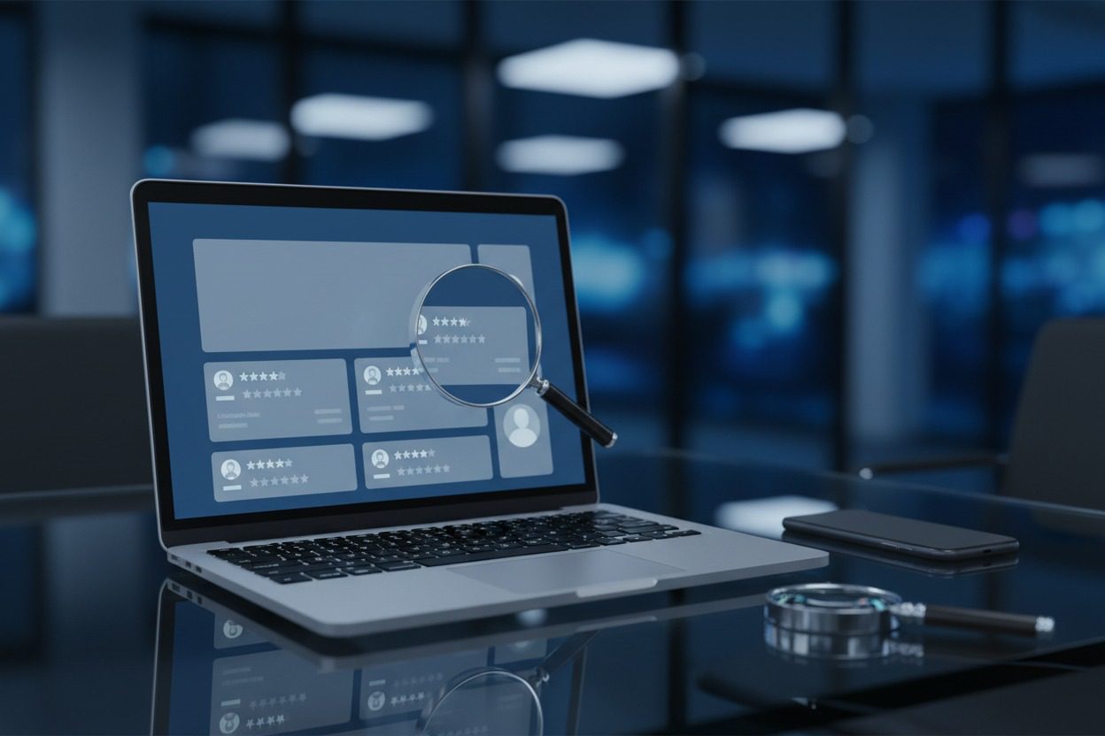 Pessoa analisando avaliações de produtos em uma loja online antes de realizar uma compra.